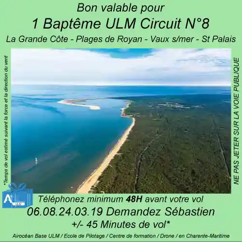 Baptême de l'air ULM à La grande côte Les plages de Royan - Vaux s/ mer - St. Palais avec Airocéan école de pilotage ulm